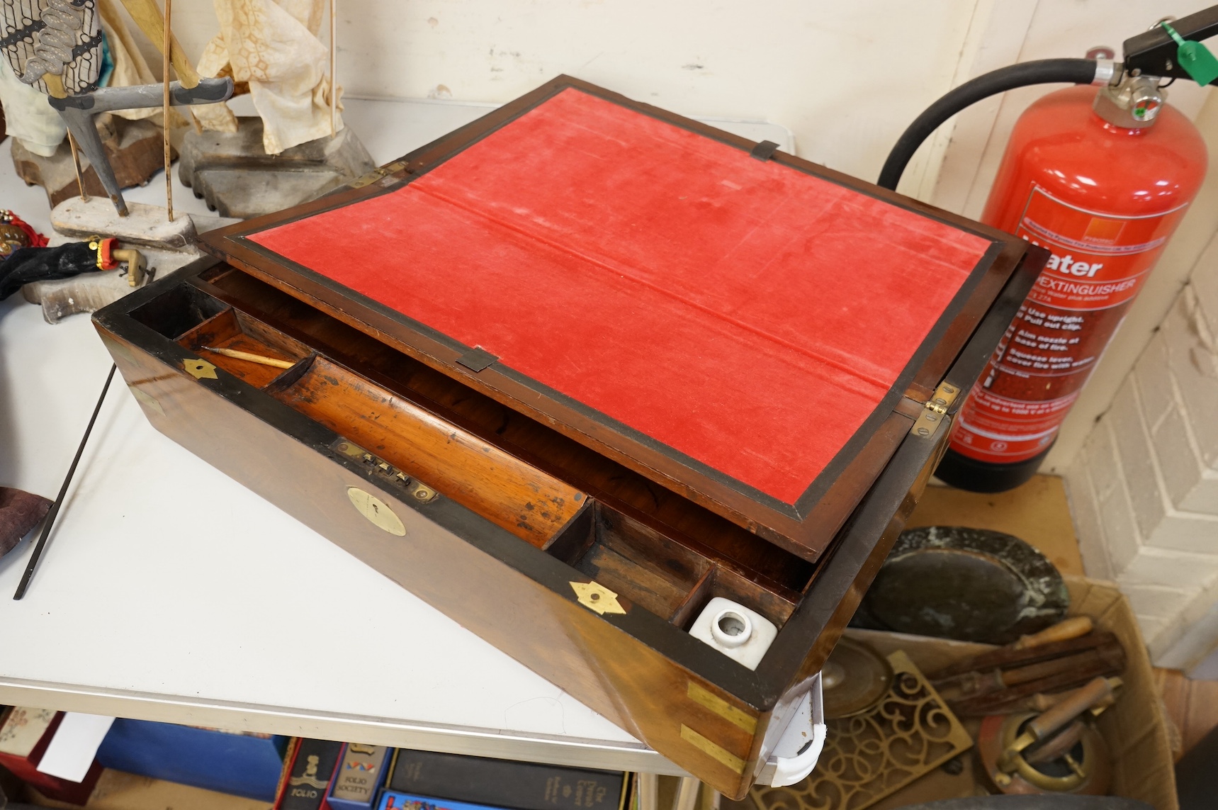 A Victorian mahogany brass bound writing slope, 50cm x 26cm. Condition - fine crack in veneer to top